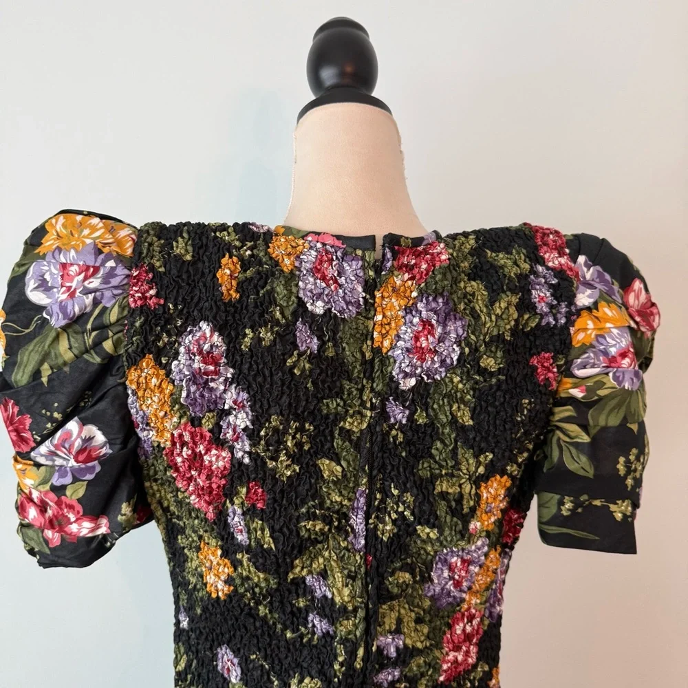 🌸🌼Phoebe Petite Black Floral Smocked Dress Drop Waist Bow Puff Sleeve Romantic - Picture 10 of 14
